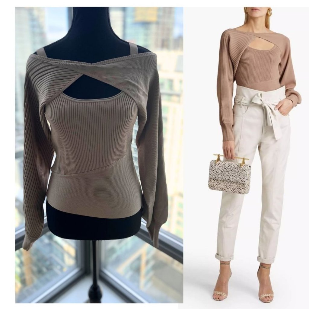 Nicholas Nwt Allison Layered Ribbed-Knit Top In Mushroom - Size M